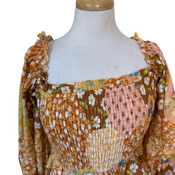 SPELL FREDA SHIRRED BLOUSE Amber 100% Organic Cotton Boho Floral Size Small NWT - Picture 13 of 15